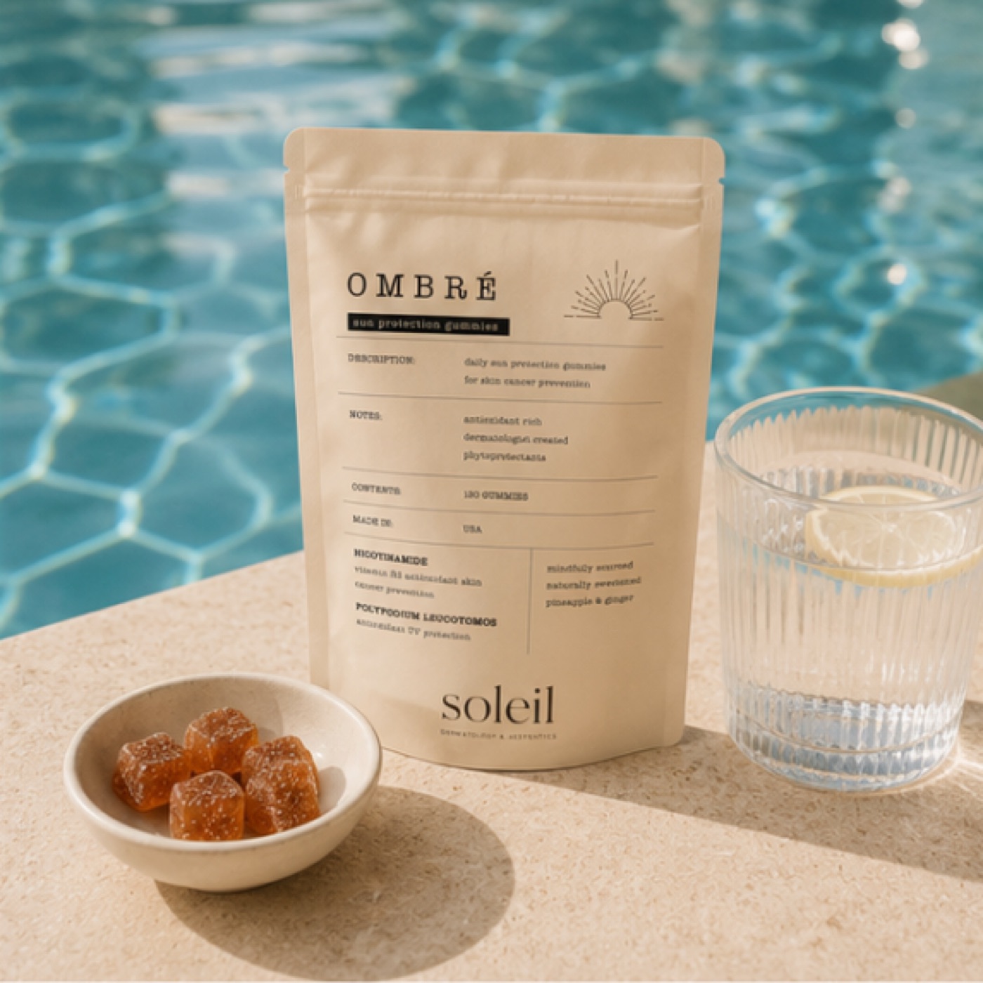 Ombré Sun Protection Gummies beside a swimming pool